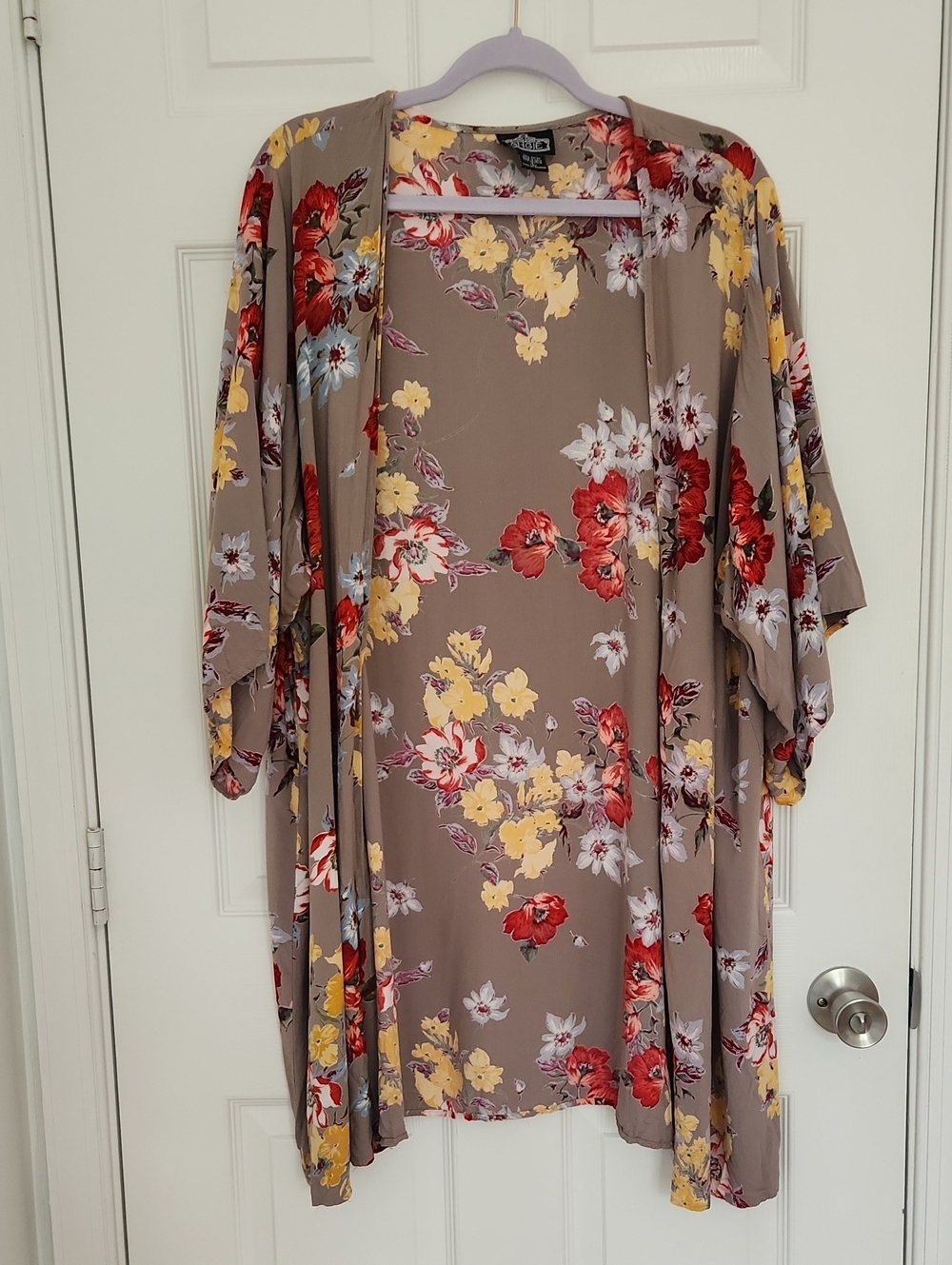 Angie Taupe Floral Open-Front Long Sleeve Cover-Up